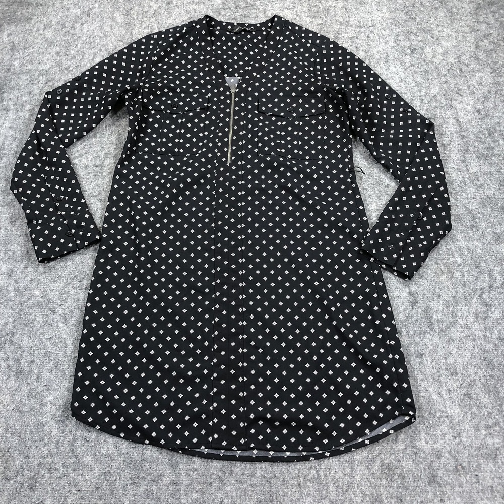 Express Shirt Dress Womens XS Black Geometric Zip Front Long Sleeve Pockets